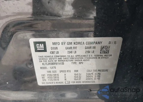 2015 Chevrolet Trax Lt from USA, damaged, VIN KL7CJRSB0FB114135